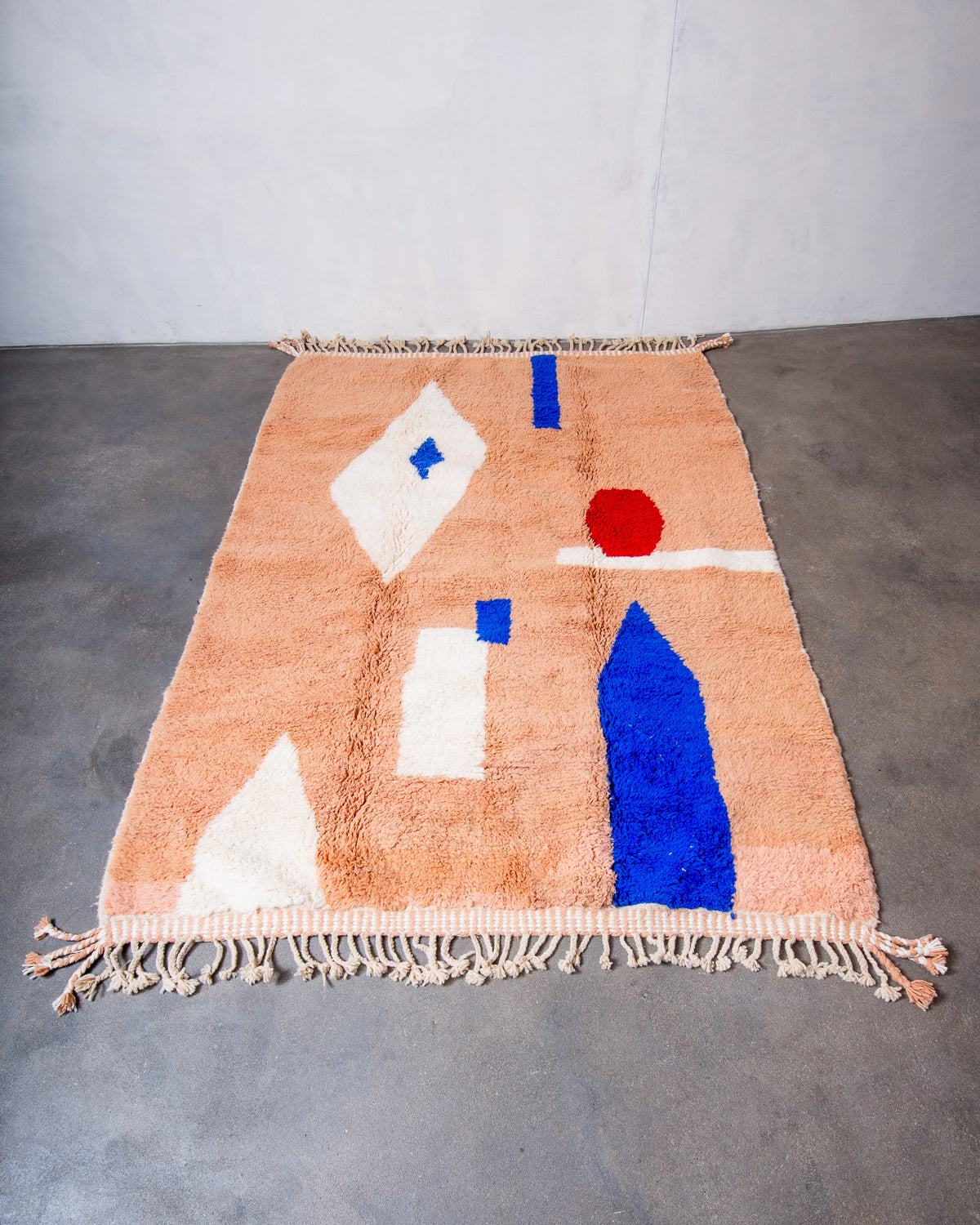 Modern, designer, handcrafted Berber rug from Morocco. Beniourain carpet with beautiful colours and patterns and fluffy wool texture.